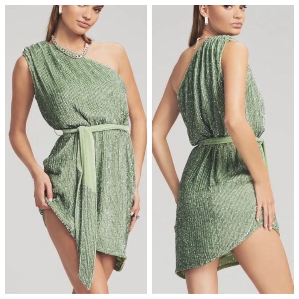 New! Retrofete Elle One Shoulder Beaded Belted Asymmetrical Dress 4490